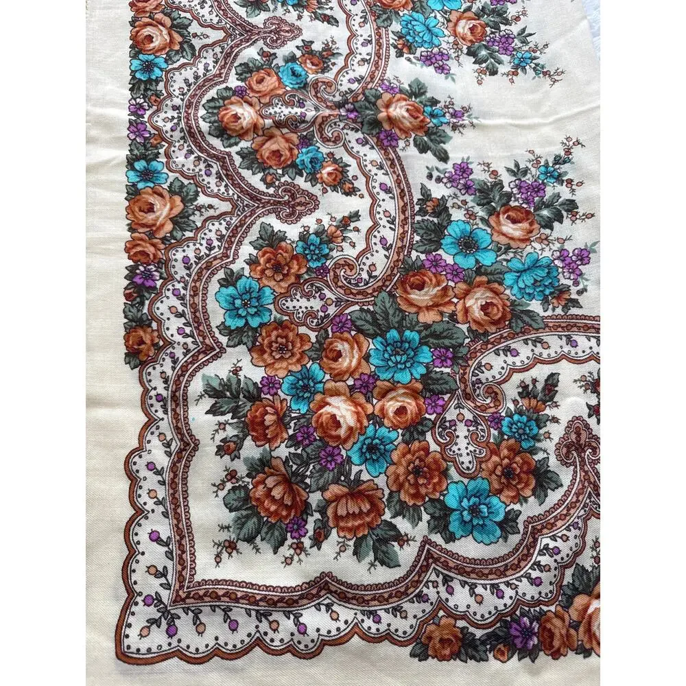 1970s Vintage Floral Hand-Knotted Fringe Shawl Scarf Boho Folk Cotton Wrap